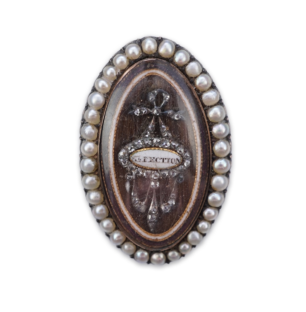 A fine George III seed pearl, enamel and diamond mourning ring, circa 1782